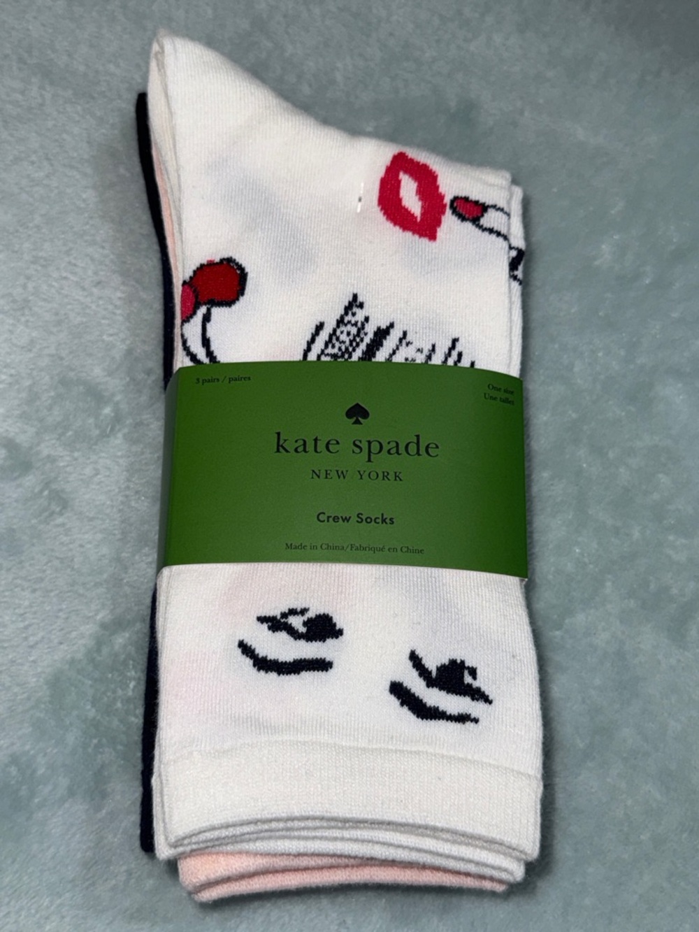 kate spade Women's Crew Socks in White with Pink & Black Accents (3-Pack)